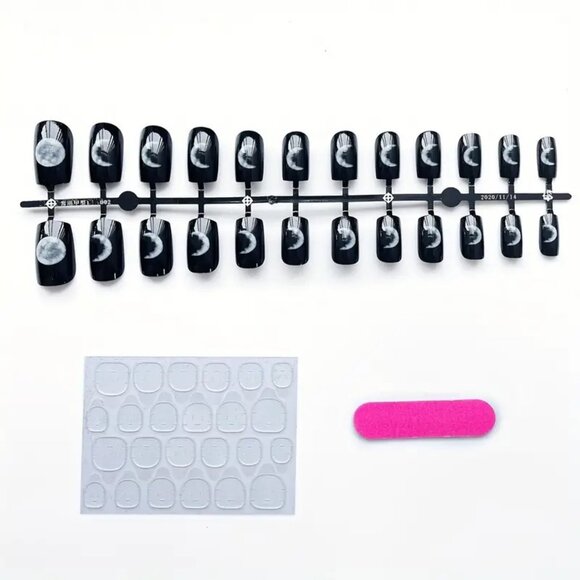 Mails 24 Black Moon Phases Press On Square Style Kit Fake Goth Punk Emo Grunge - Picture 2 of 3